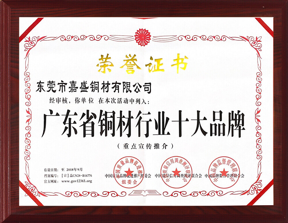 Top Ten Brands in the Copper Industry of Guangdong Province